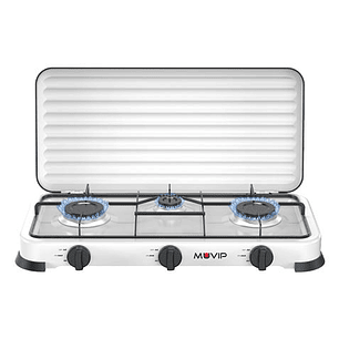 Muvip Vulcano Cocina de Gas con 3 Fuegos - Tapa Protectora - Patas de Goma - Superficie Esmaltada - Quemador Extraible - 57.7x27.8x5.3cm - Color Blanc