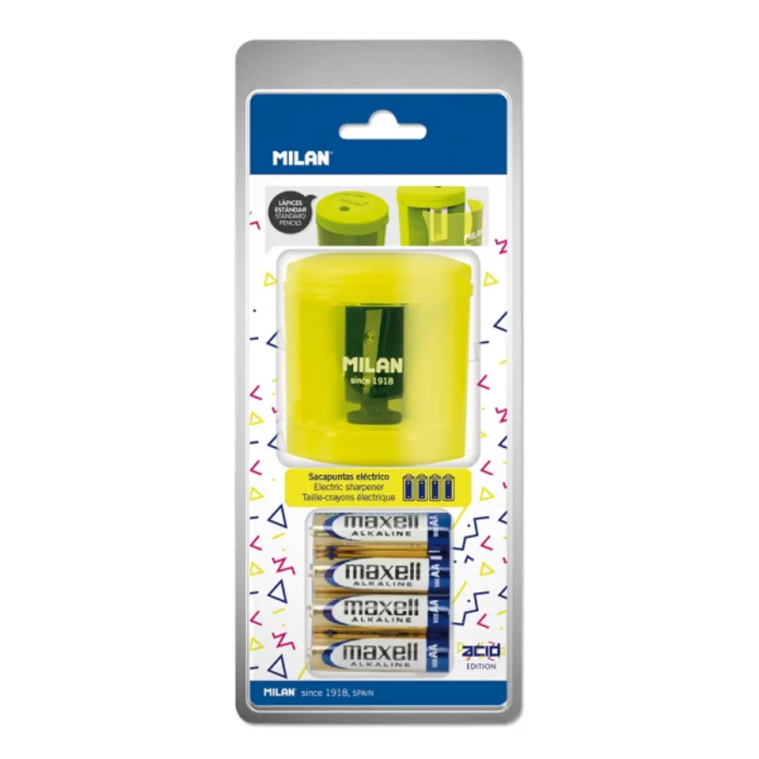 Milan Power-Sharp Acid Sacapuntas Electrico - Pilas Incluidas - Deposito Integrado - Cuchilla de Acero al Carbono de Seguridad - Color Amarillo 1