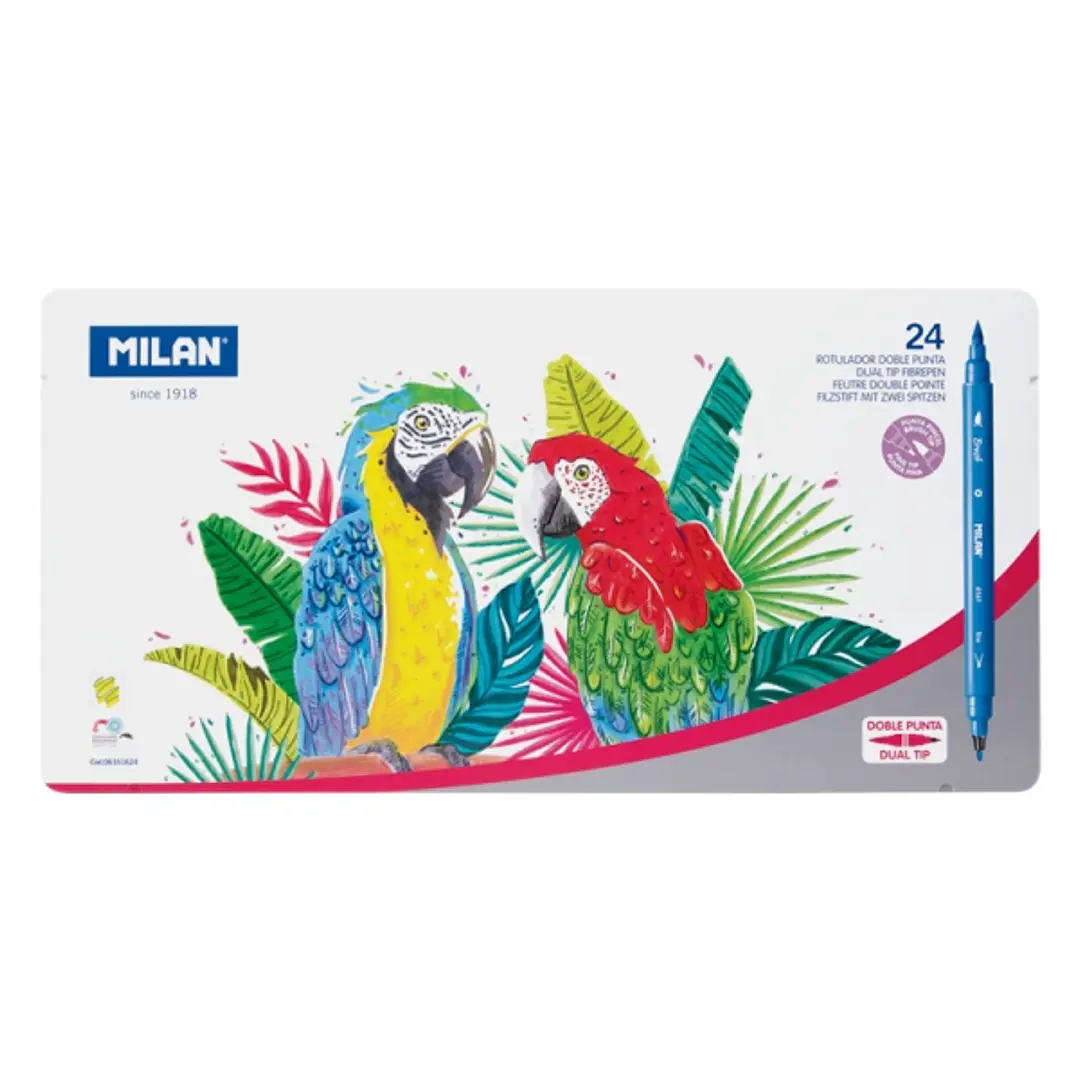 Milan Pack de 24 Rotuladores Doble Punta Fina - Pincel - Caja Metalica - Punta Fina 2mm - Pincel 0.5 a 4mm - Colores Surtidos 1