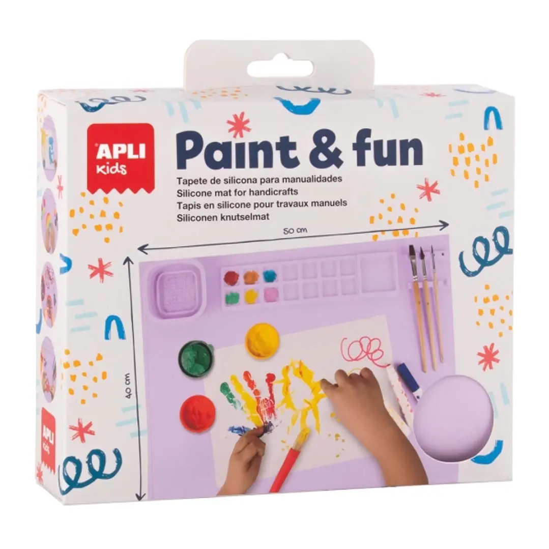 Apli Kids Paint & Fun Tapete de Silicona y Vaso Pleglable - Para Pintar y Hacer Manualidades sin Ensuciar - Color Lila 1