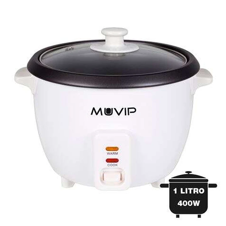 Muvip Arrocera - Capacidad 1 Litro - Potencia 400W - Sistema de Coccion y Calentamiento - Recipiente Interior Antiadherente - Tapa de Cristal - Acceso 1