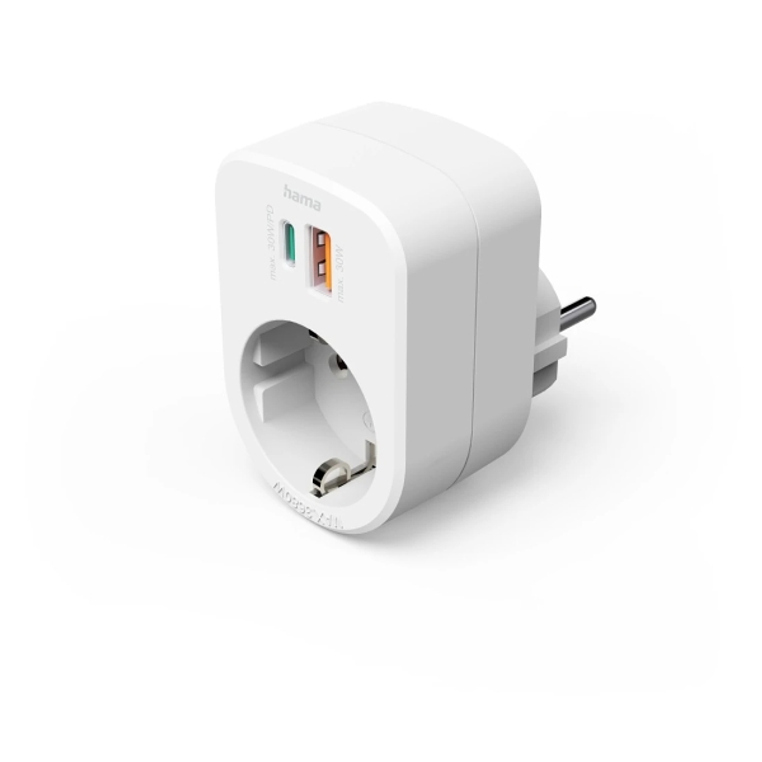 Hama Regleta Alimentacion con 3 Tomas - Potencia Maxima 3680W - 1x Schuko - 1x USB-C - 1x USB-A - Power Delivery - Color Blanco 1