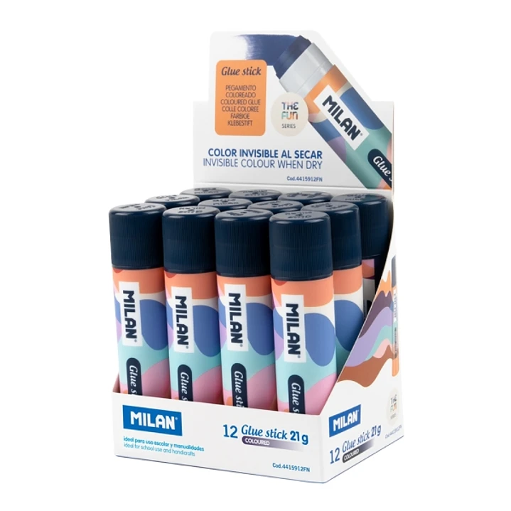 Milan The Fun Expositor con 12 Barras de Pegamento 21g - Multiusos - Multisuperficies - Sin Disolventes - Uso Escolar - Multicolor 1