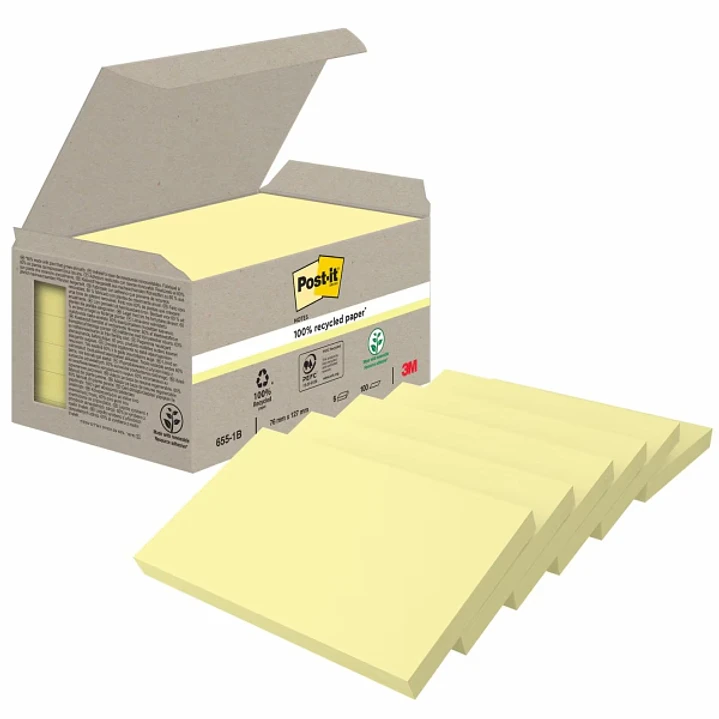 Post-It Pack de 6 Blocs de 100 Notas Adhesivas Recicladas - Forma Rectangular - 76x127mm - Color Amarillo Claro 1