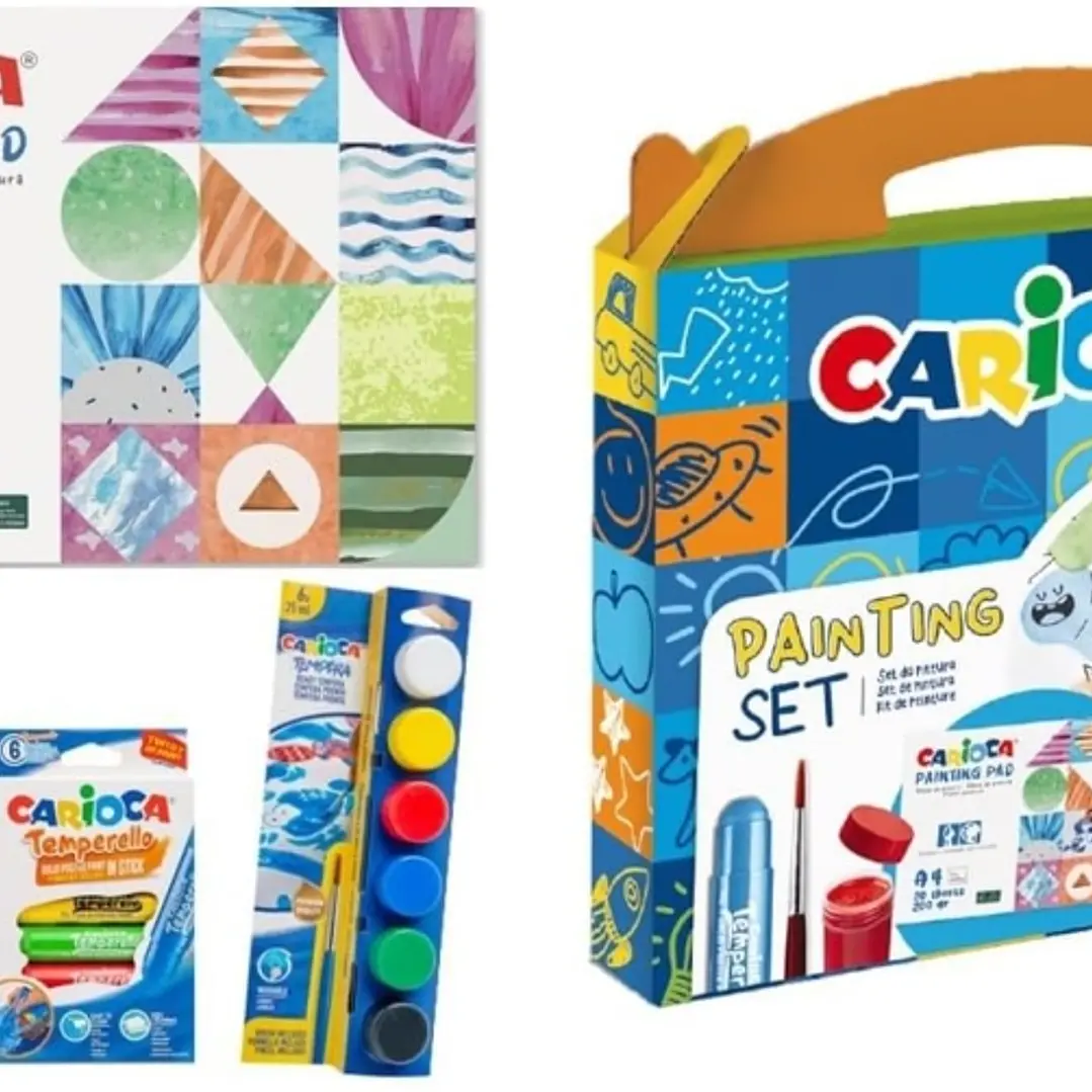 Carioca Painting Set Pack con 12 Acuarelas, 6 Temperas y 6 Temperas Solidas + Bloc con 20 Hojas A4 - Colores Surtidos 1