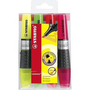 Stabilo Luminator Pack de 4 Marcadores Fluorescentes - Mayor Suministro de Tinta - Zona de Agarre - Trazo entre 2 y 5mm - Colores Verde, Amarillo, Ros