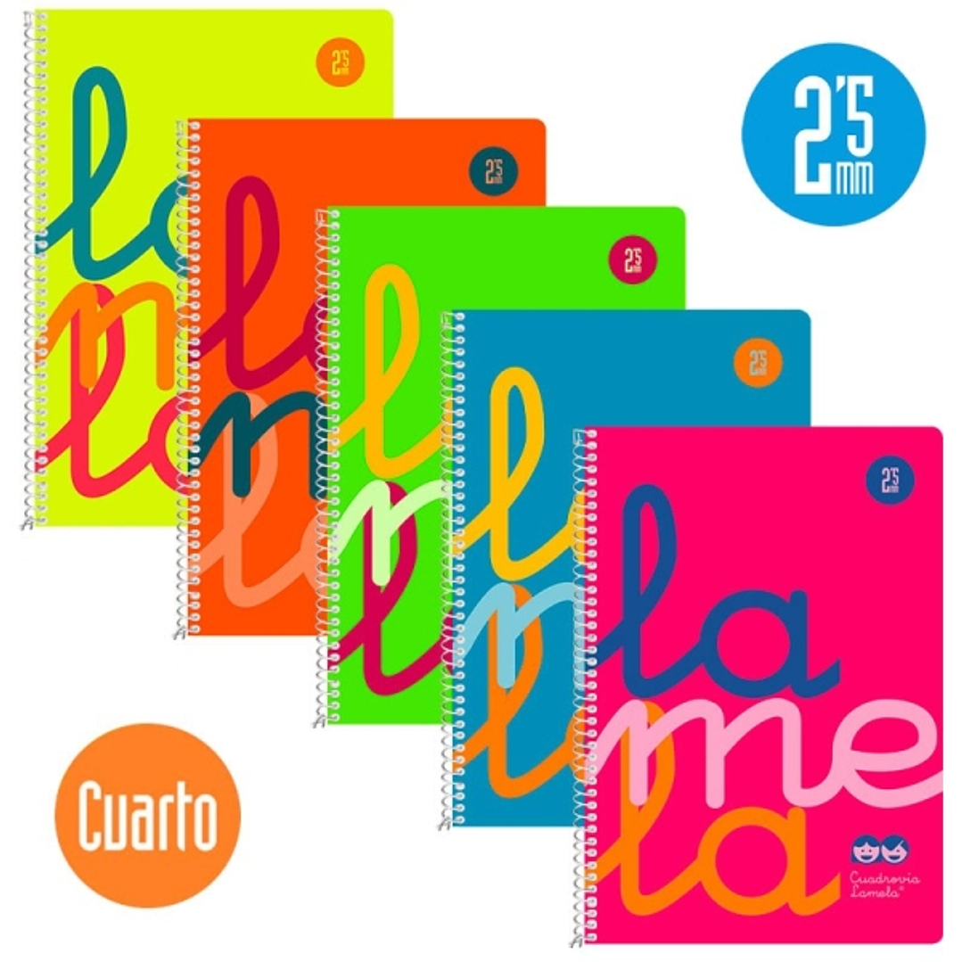 Lamela Pack de 5 Cuadernos de Espiral con 80 Hojas de 90g/m2 con Margen - Formato Cuarto - Pauta Cuadrovia de 2.5mm - Cubierta Extra Dura - Papel Offs 1