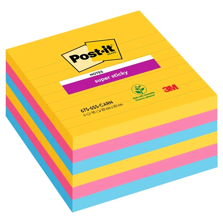 Post-It Super Sticky Pack de 6 Blocs de 90 Notas Adhesivas Reposicionables - Forma Cuadrada - 101x101mm - Colores Surtidos 1