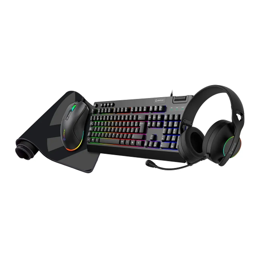 Unykach Pack Gaming NOVA 4in1 USB Teclado Multimedia + Raton 7200dpi + Auriculares con Microfono + Alfombrilla XL - Teclado Portugués - Color Negro 1