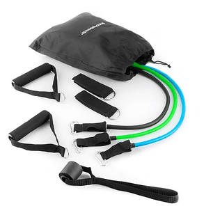 Innovagoods Tribainer Set de 3 Bandas de Resistencia con Accesorios - Resistencia Ajustable - Guia de Ejercicios - Portatil - Mangos de Espuma - Mosqu