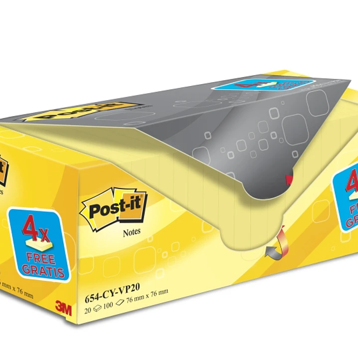 Post-It Pack de 20 Blocs de 100 Notas Adhesivas Reposicionables - Forma Cuadrada - 76x76mm - Color Amarillo Claro 1