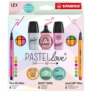 Stabilo Pastellove Pack de 18 Marcadores y Rotuladores - 6 Rotuladores Premium Pen 68 Mini, 6 Rotuladores Point 88 Mini y 6 Rotuladores Fluorescentes 