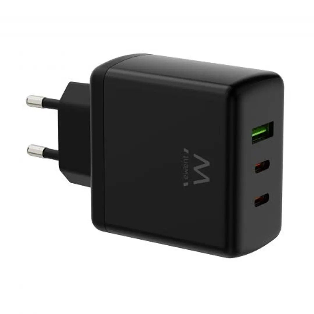 Ewent EW1330 Cargador GaN Universal de Pared 65W Ultrarapido - 2x USB-C PD 3.0 y 1x USB-A QC 3.0 - Color Negro 1