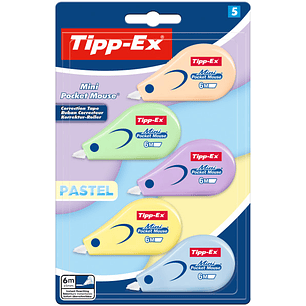 Tipp-Ex Mini Pocket Mouse Pastel Pack con 5 Cintas Correctoras 5mm x 6m - Resistente - Escritura Instantanea