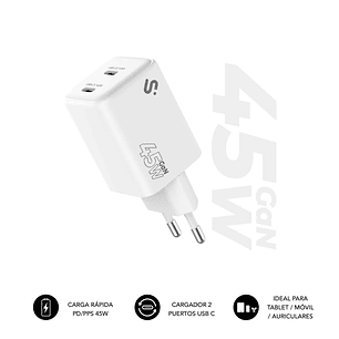Subblim Cargador de Pared GaN 45W - 2xUSB-C -  Carga Ultra rápida - Color Blanco