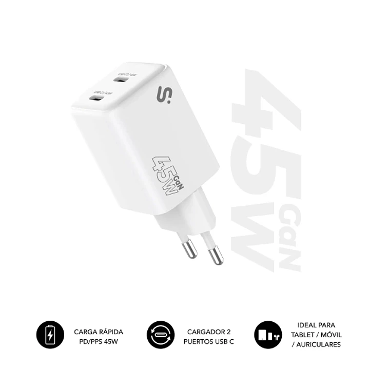 Subblim Cargador de Pared GaN 45W - 2xUSB-C -  Carga Ultra rápida - Color Blanco 1