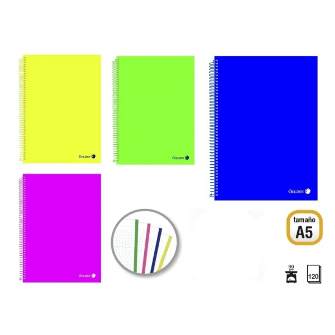 Golden Pack de 8 Cuadernos A5 120 Hojas 90gr Cuadricula 5x5 - Hojas Microperforadas con Banda de Color y 2 Taladros - Tapa Polipropileno - Colores Sur 1