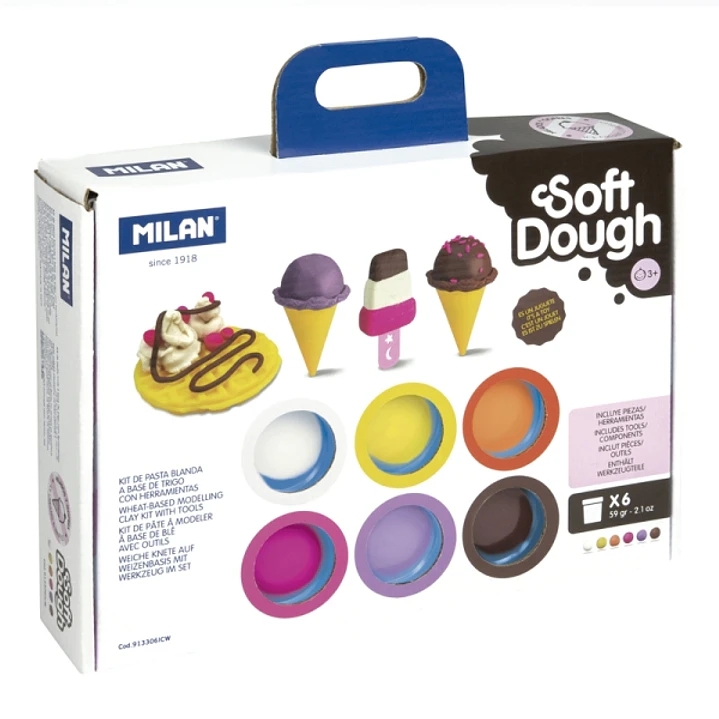Milan Soft Dough Pack de 6 Botes de Pasta Blanda - Maletin con Herramientas - 59g por Unidad - 100% Vegetal - Moldeable - Sin Residuos - Colores Mezcl 1