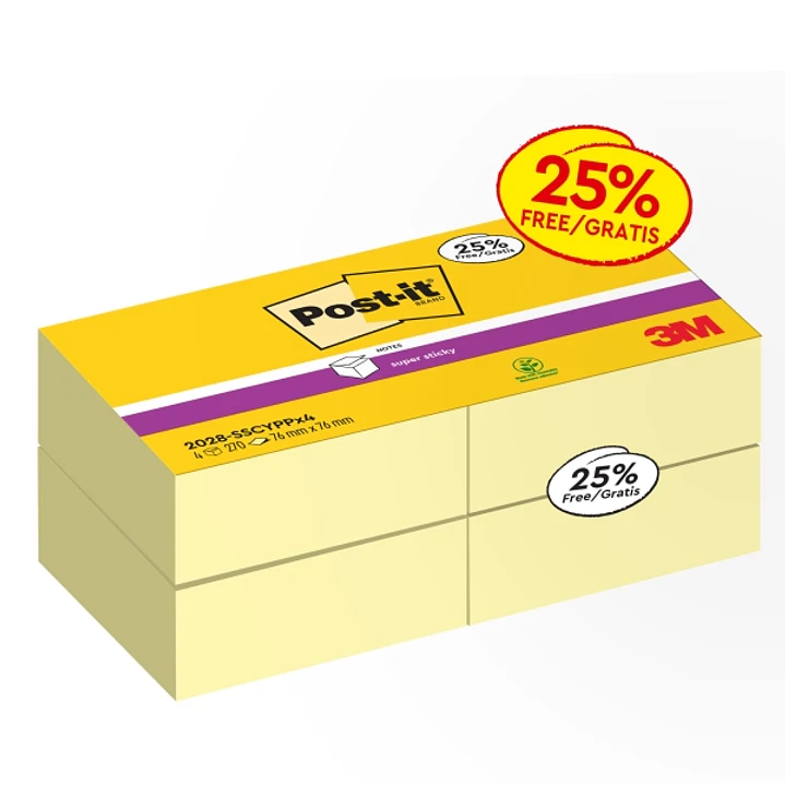Post-It Super Sticky Pack de 4 Cubos de 270 Notas Adhesivas Reposicionables - Forma Cuadrada - Color Amarillo Claro 1