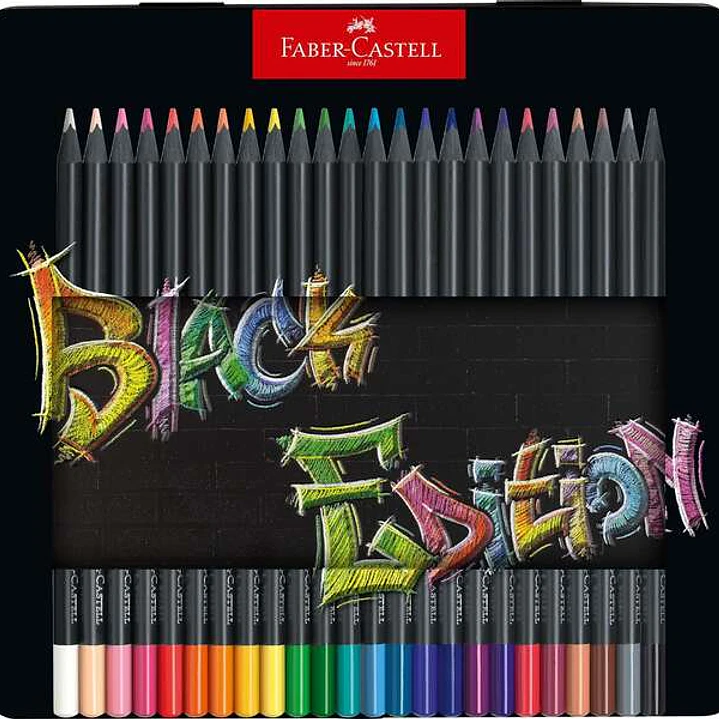 Faber-Castell Black Edition Caja Metalica de 24 Lapices de Colores - Mina Supersuave - Madera Negra - Ideales para Dibujo sobre Papel Claro, Oscuro y  1