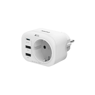 Hama Regleta de Pared con 4 Tomas - 1x Schuko - 2x USB-A - 1x USB-C - Potencia USB de 20W - Color Blanco