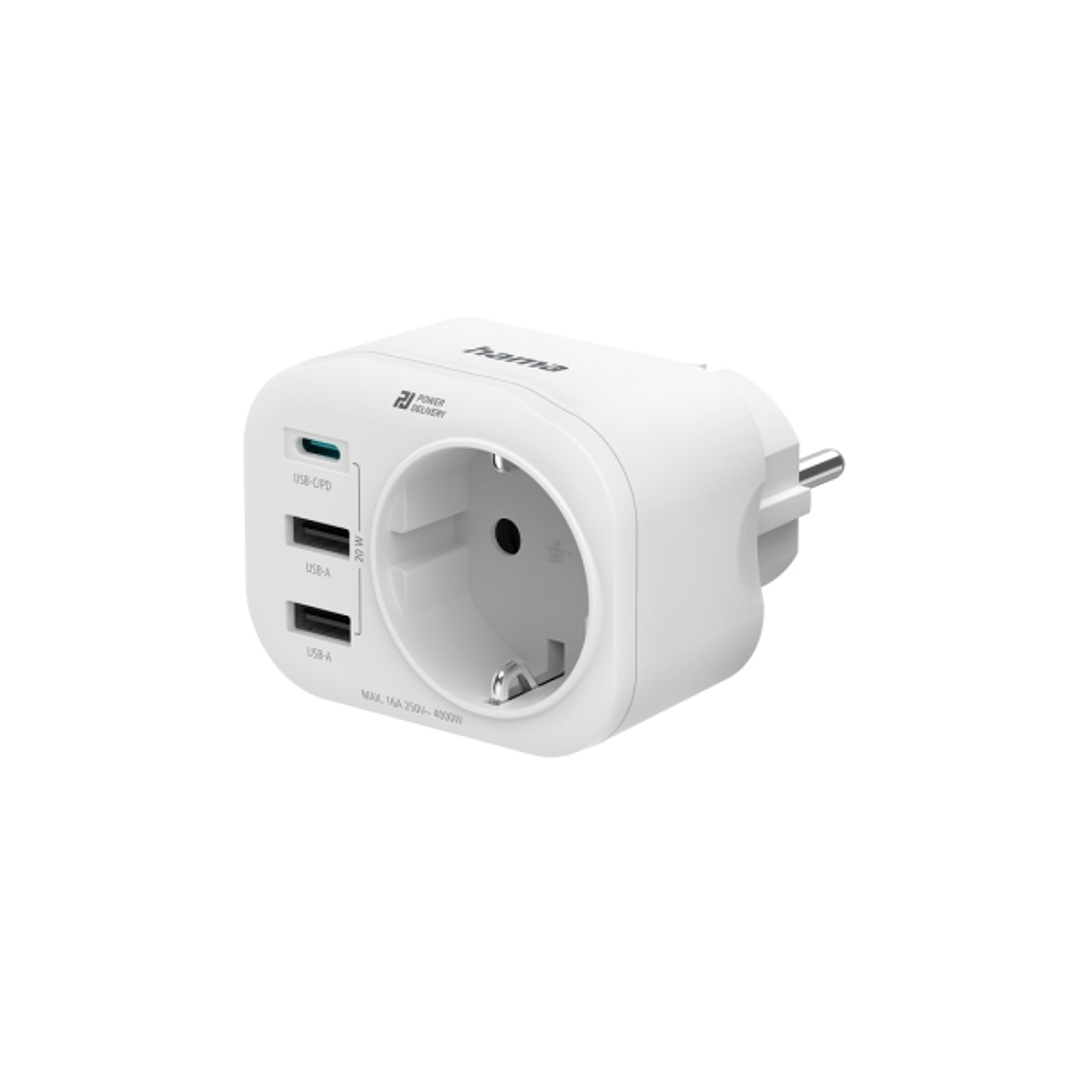 Hama Regleta de Pared con 4 Tomas - 1x Schuko - 2x USB-A - 1x USB-C - Potencia USB de 20W - Color Blanco 1