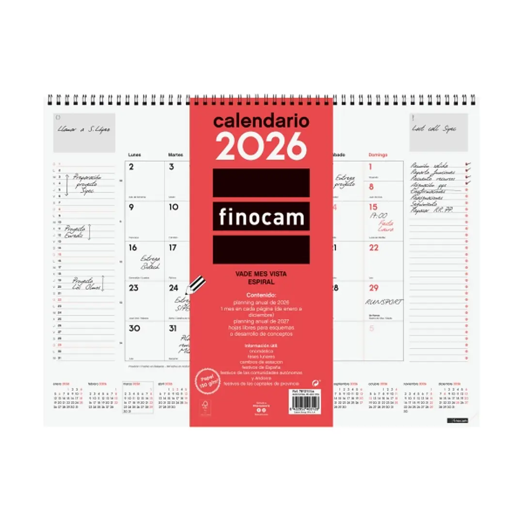 Finocam Vade Calendario de Sobremesa - Anual 2026 - con Espiral - 420x8x320mm - Mes Vista - Color Blanco y Rojo 1