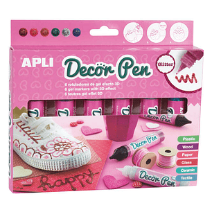 Apli Pack de 6 Rotuladores de Gel 3D con Acabado Purpurina 25ml - Personaliza Regalos, Objetos, Tarjetas, Detalles, Fotos, Carpetas, etc... - Colores 