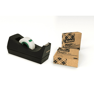 Scotch Dispensador de Cinta Adhesiva - para Cintas de hasta 19mm x 33m - 66% Adhesivo Vegetal - Incluye 3 Cintas Adhesivas - Color Negro