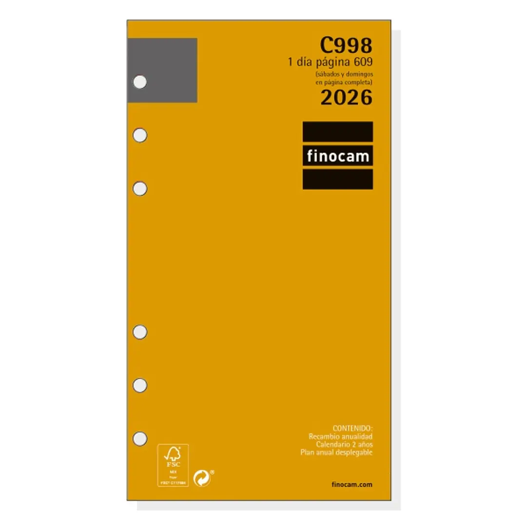 Finocam C998 Recambio para Agendas Classic - Anual 2026 - Hojas Microperforadas - Formato 609 - 94x18x171mm - 1 Dia por Pagina - Color Blanco 1