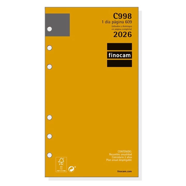 Finocam C998 Recambio para Agendas Classic - Anual 2026 - Hojas Microperforadas - Formato 609 - 94x18x171mm - 1 Dia por Pagina - Color Blanco 1