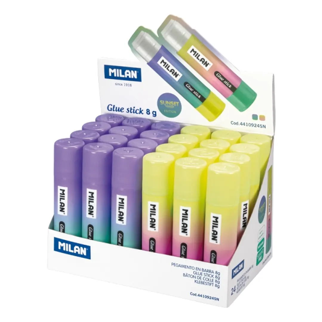 Milan Sunset Expositor con 24 Barras de Pegamento 8g - Multiusos - Multisuperficies - Sin Disolventes - Uso Escolar - Colores Surtidos 1