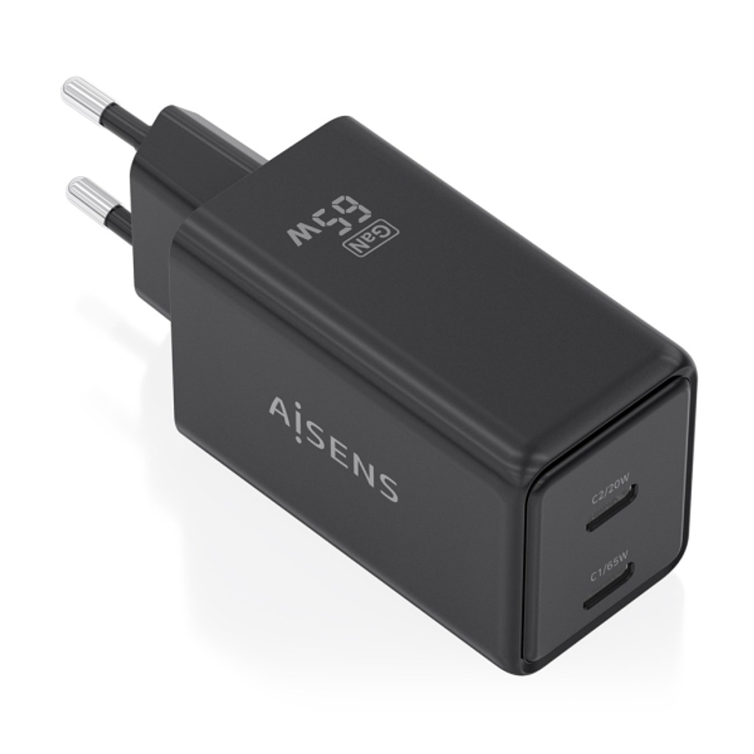 Aisens Cargador GaN 65W - 2xUSB-C PD3.0 QC4.0 - Tecnologia AI - Color Negro 1