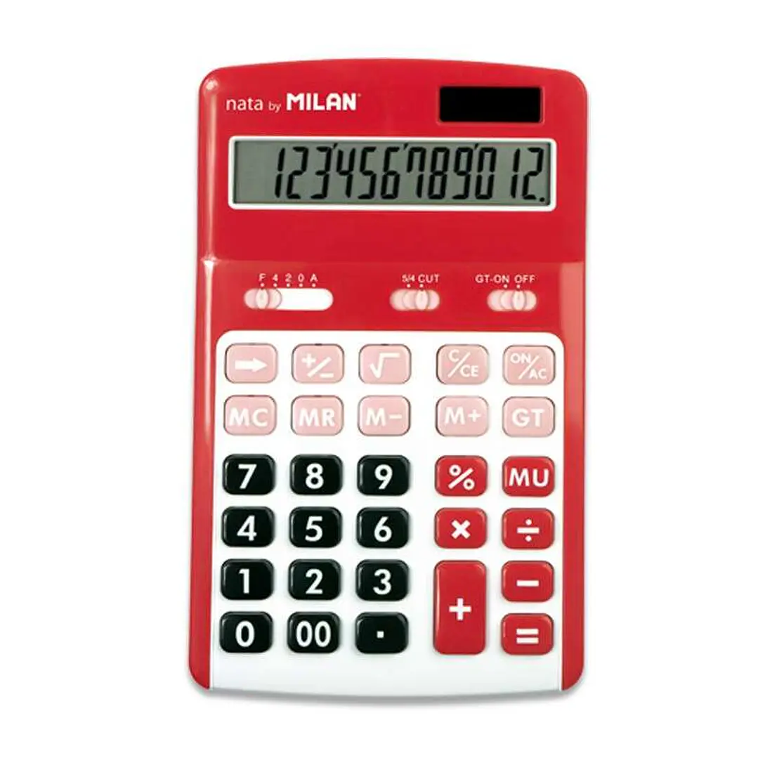 Milan Calculadoras de 12 Digitos - 3 Teclas de Memoria - Calculo de Margenes - Raiz Cuadrada - Apagado Automatico - Color Rojo y Blanco 1