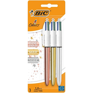 Bic 4 Colours Pack de 3 Boligrafos de Bola Retractil - Punta de 1mm - Trazo de 0.4mm - Tinta con Base de Aceite - Cuerpo Oro, Plata y Oro Rosa