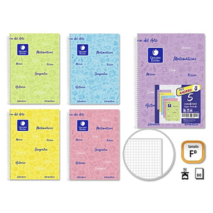 Golden Pack de 5 Cuadernos Folio 80 Hojas 90gr Cuadricula 4x4 - Resistente - Ideal para Estudiantes - Tapa Forrada - Colores Pastel Surtidos
