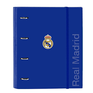 Safta Real Madrid Carpeta con 4 Anillas 35mm - Tapas Duras Forradas - Recambio 100 Hojas - Cuadriculas 5x5mm - Cierre Elastico - Incluye Separadores -