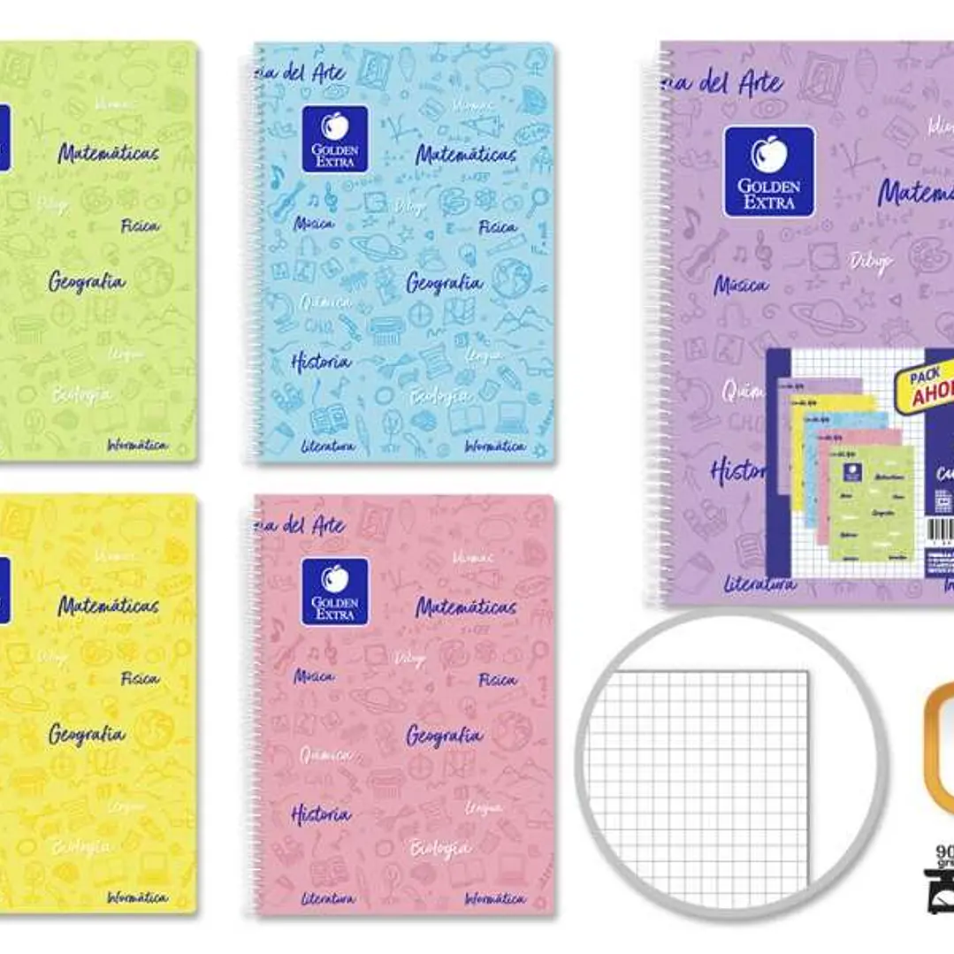 Golden Pack de 5 Cuadernos Asignatura Folio 80 Hojas 90gr Cuadricula 4x4 - Resistente - Tapa Plastica - Ideal para Estudiantes - Colores Pastel Surtid 1