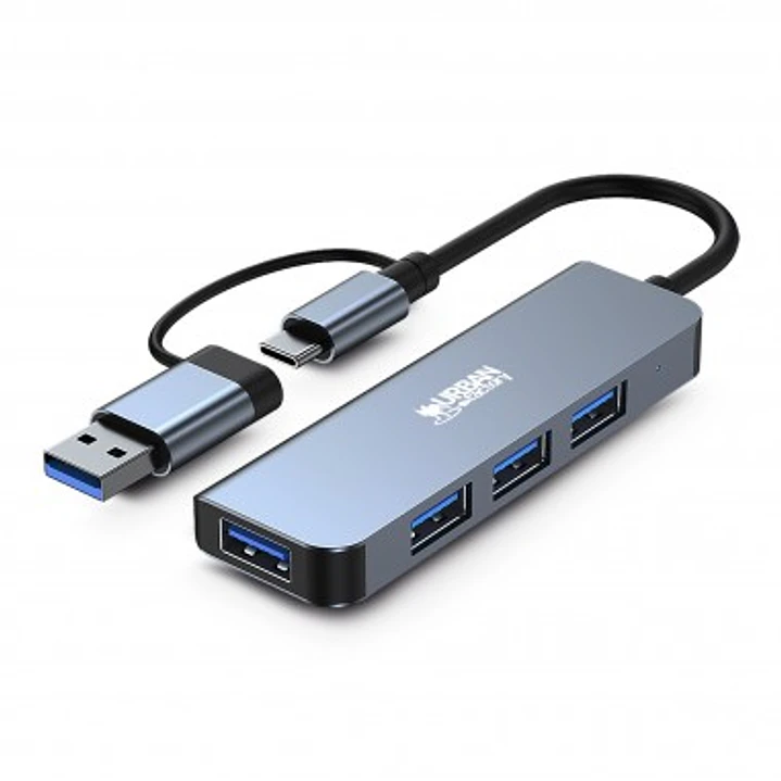 Urban Factory Minee HUB 4 en 1 - USB-A/C Macho - USB-A Hembra - Color Gris Metal 1