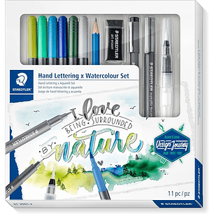 Staedtler Hand Lettering and Watercolour Set Design Journey Pack con 6 Rotuladores Acuarelables Doble Punta en Colores Surtidos, Rotulador Pigment Lin