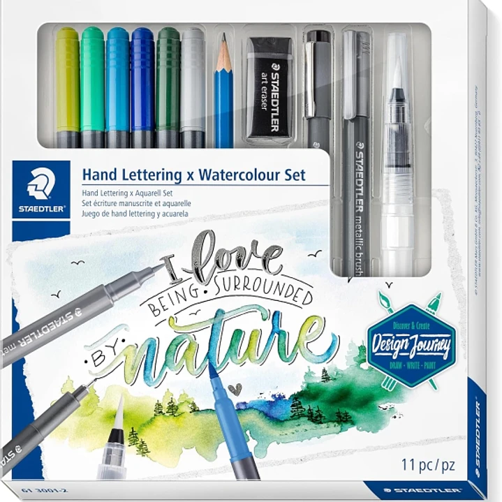 Staedtler Hand Lettering and Watercolour Set Design Journey Pack con 6 Rotuladores Acuarelables Doble Punta en Colores Surtidos, Rotulador Pigment Lin 1
