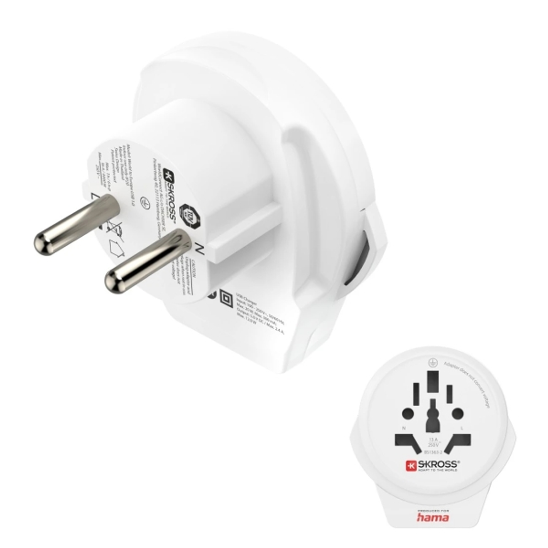 Hama Adaptador de Viaje Toma Tipo E y Schuko - Potencia hasta 2500W - Hembra Universal - Voltaje 100-250V - Color Blanco 1