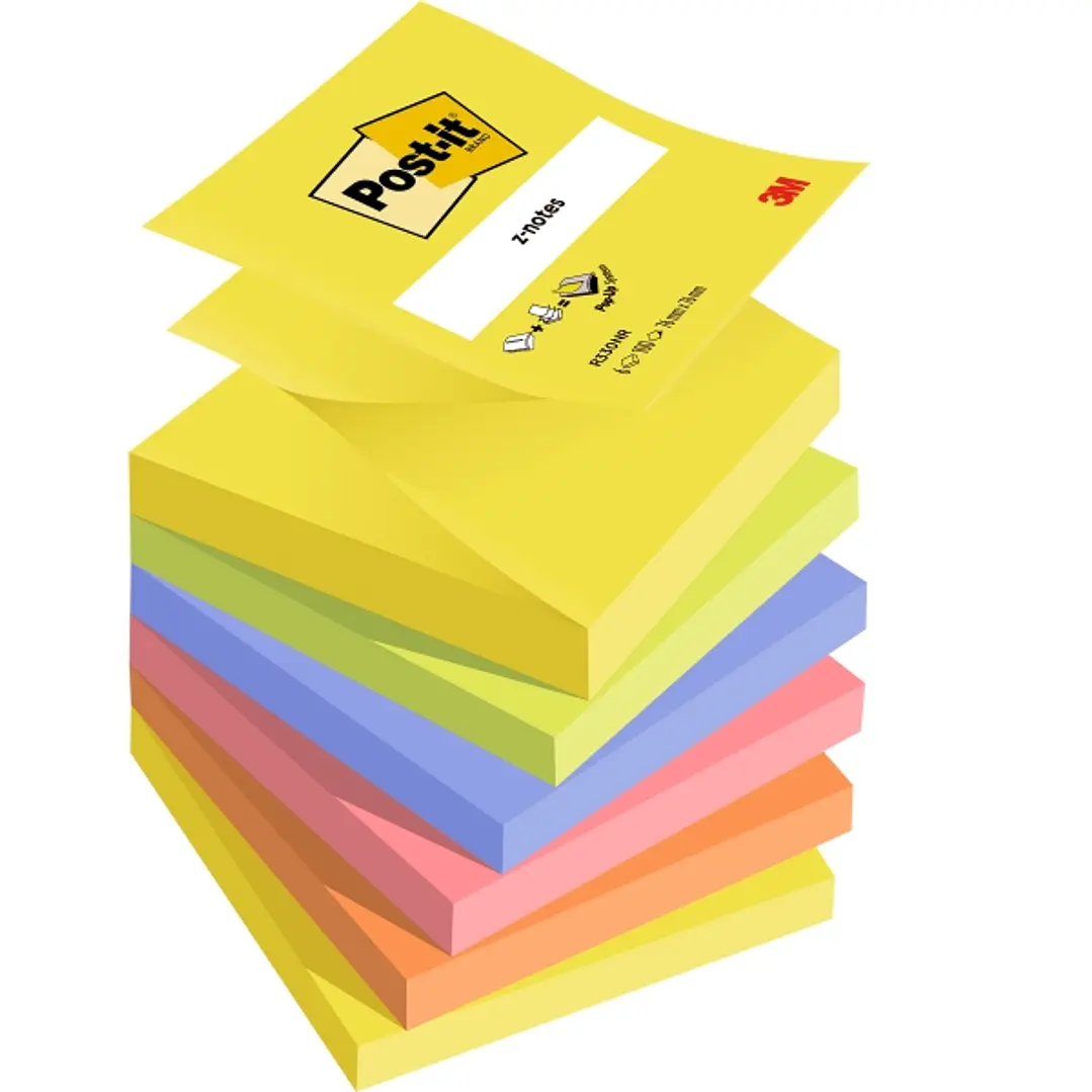 Post-It Pack de 6 Blocs de 100 Z-Notas Adhesivas Reposicionables 76x76mm - Forma Cuadrada  - Colores Surtidos 1