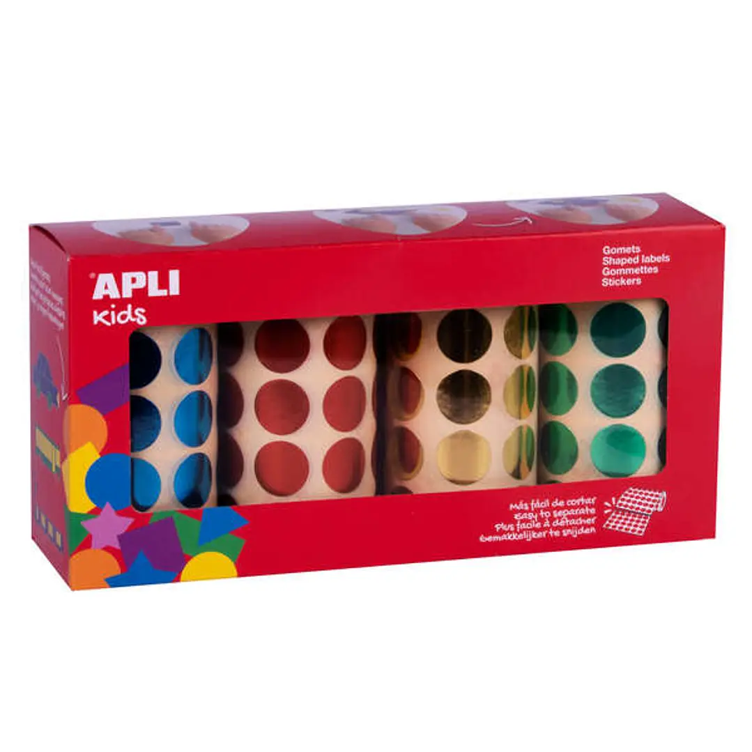 Apli Pack de 5.640 Gomets Redondos Ø 20mm - 4 Rollos de 1.410 Gomets - Adhesivo Permanente - Ideal para escuelas Infantiles y Colegios - Colores Metal 1