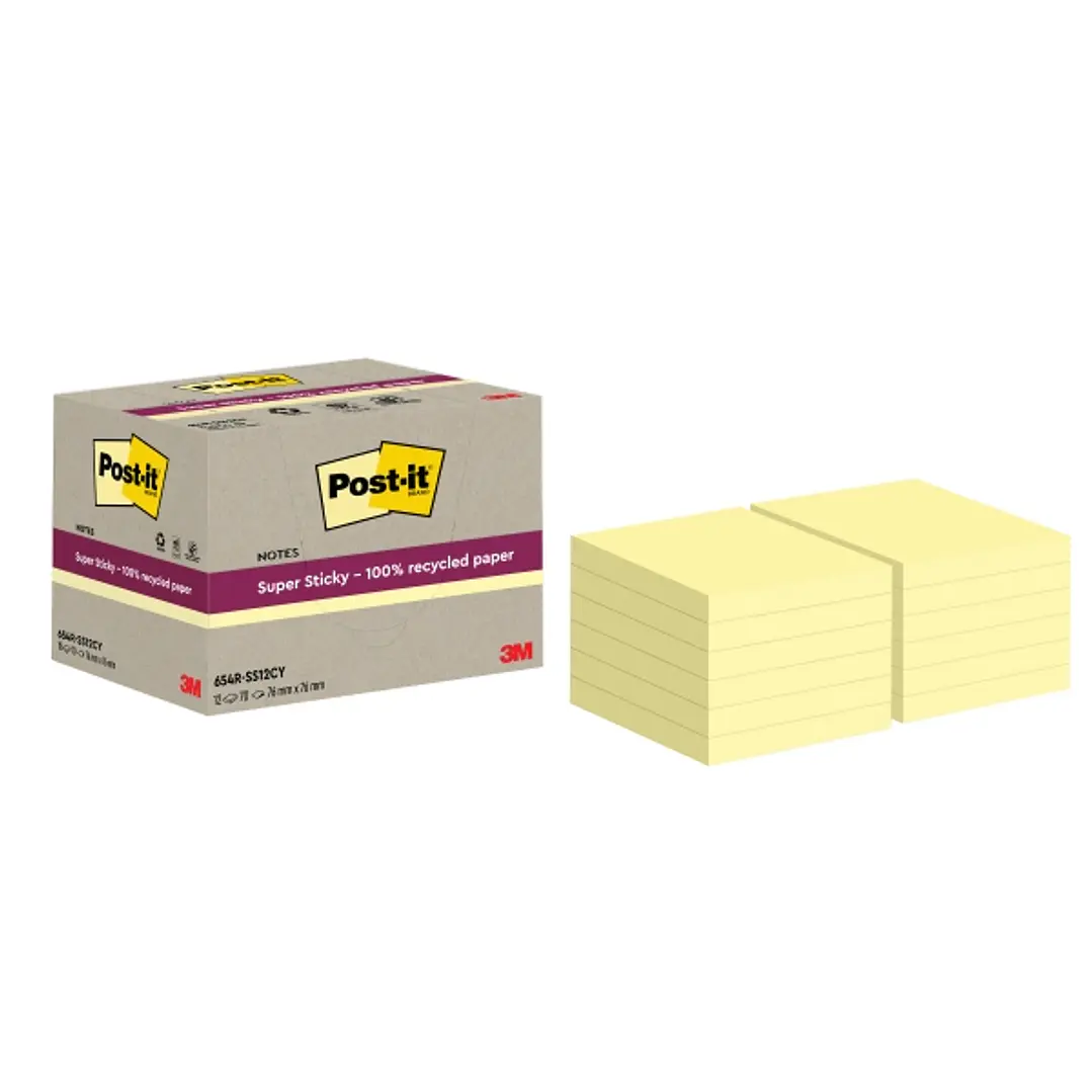 Post-It Super Sticky Pack de 12 Blocs de 70 Notas Adhesivas Recicladas - Forma Cuadrada - 76x76mm - Color Amarillo Claro 1