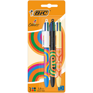 Bic 4 Colours Decors Pack de 3 Boligrafos de Bola Retractil - Punta Media de 1.0mm - Tinta con Base de Aceite - 4 Colores