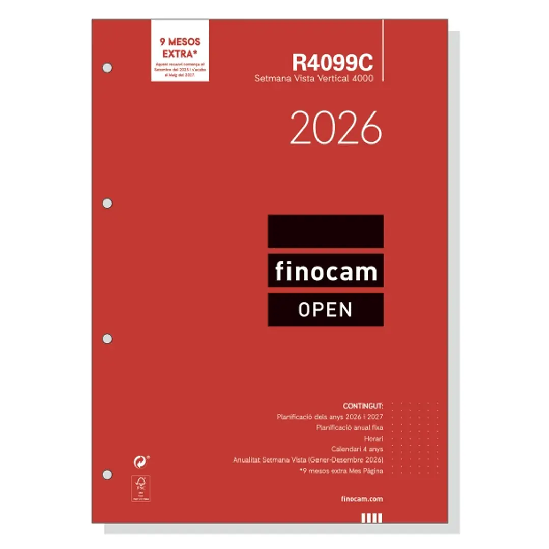 Finocam R4099C Recambio Anual 2026 para Agendas Open 2026 en Catalan - Formato A4 - 210x6x297mm - Semana Vista en Vertical - Color Blanco 1