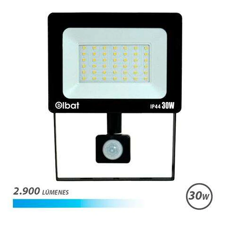 Elbat Foco LED con Sensor de Movimiento - Potencia: 30W - Lumenes: 2900 - Luz Fria 6.500K - Vida Util: 30.000 - 50.000 Horas - Angulo 120º - Proteccio 1