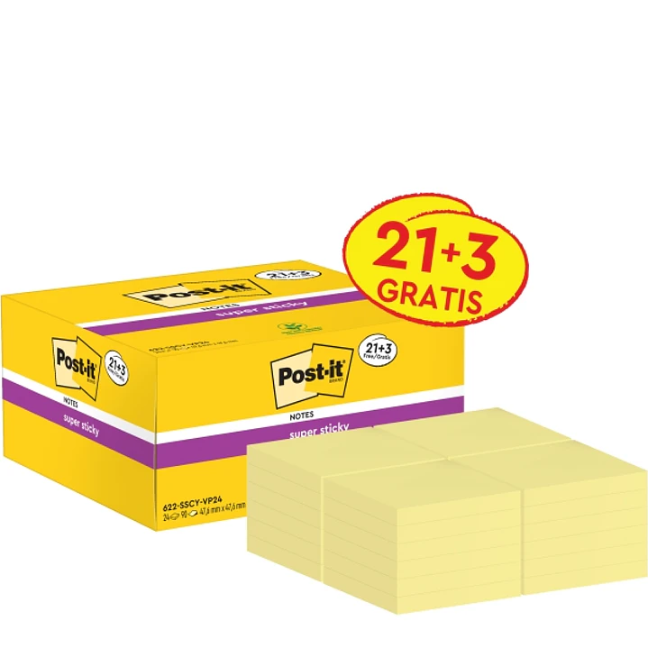 Post-It Super Sticky Pack de 24 Blocs de 90 Notas Adhesivas Reposicionables - 47.6x47.6mm - Promocion 21 Blocs + 3 Gratis - 100% PEFC - Color Amarillo 1