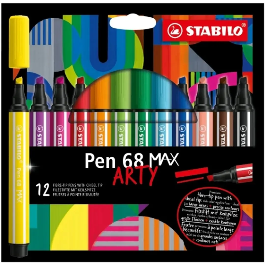 Stabilo Pen 68 MAX Arty Pack de 12 Rotuladores - Punta de Fibra Biselada - Trazo entre 1-5mm aprox. - Tinta a Base de Agua - Colores Surtidos 1